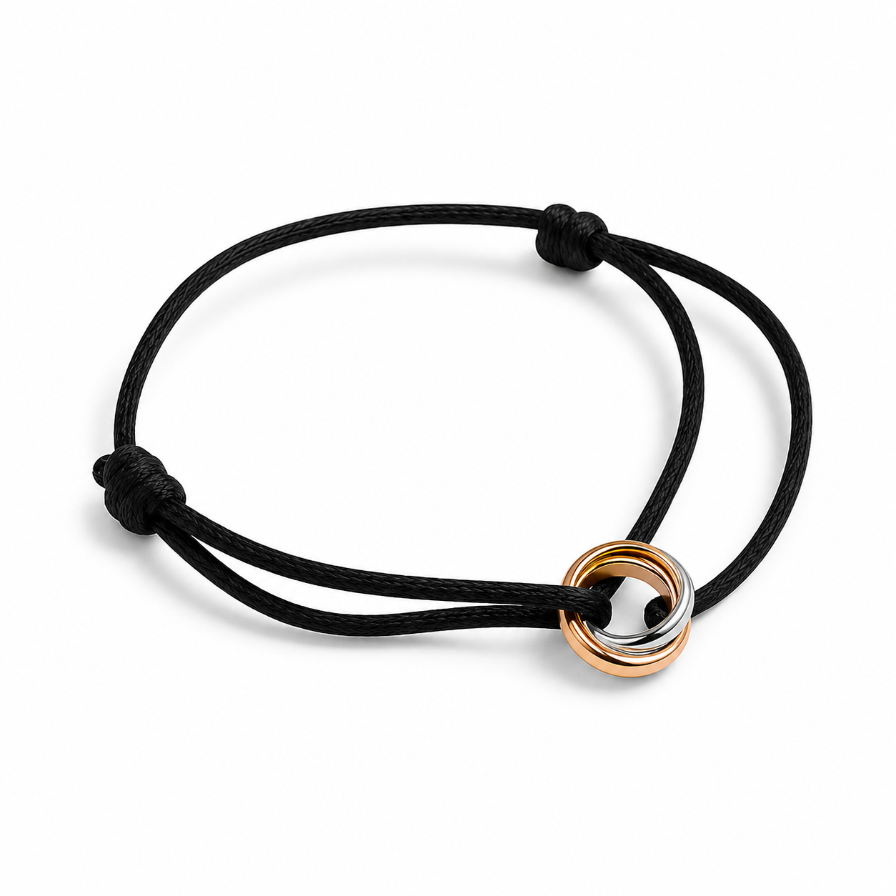 Black cord bracelet with a gold and silver bead on a white background